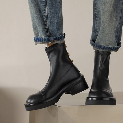2023 NOI Cizme de bază pentru femei, casual, concise, din piele, cu vârf rotund, cu tocuri groase, pantofi de lucru, toamnă, iarnă, cizme De Mujer