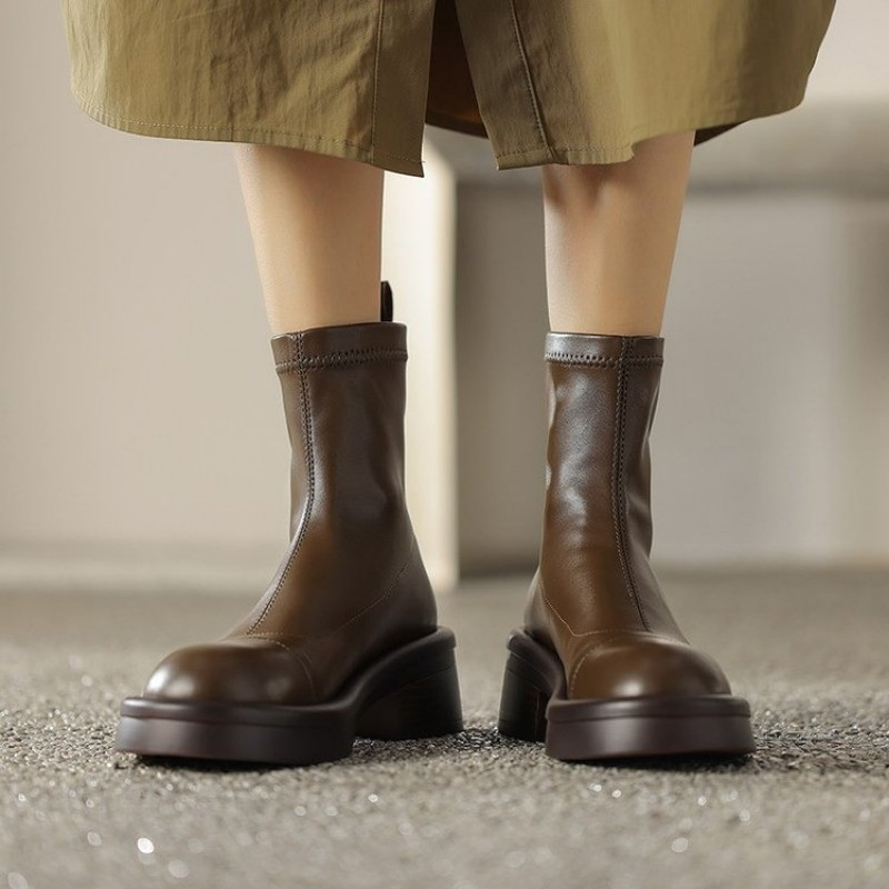 2023 NOI Cizme de bază pentru femei, casual, concise, din piele, cu vârf rotund, cu tocuri groase, pantofi de lucru, toamnă, iarnă, cizme De Mujer