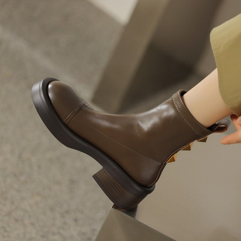 2023 NOI Cizme de bază pentru femei, casual, concise, din piele, cu vârf rotund, cu tocuri groase, pantofi de lucru, toamnă, iarnă, cizme De Mujer