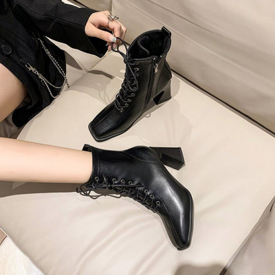 Χειμερινές μπότες Γυναικείες μπότες-γυναικεία φθινοπωρινά παπούτσια 2023 Κομψά ψηλοτάκουνα λαστιχένια αστράγαλο Μασίφ Basic Casual τετράγωνα δάχτυλα PU ράψιμο Le
