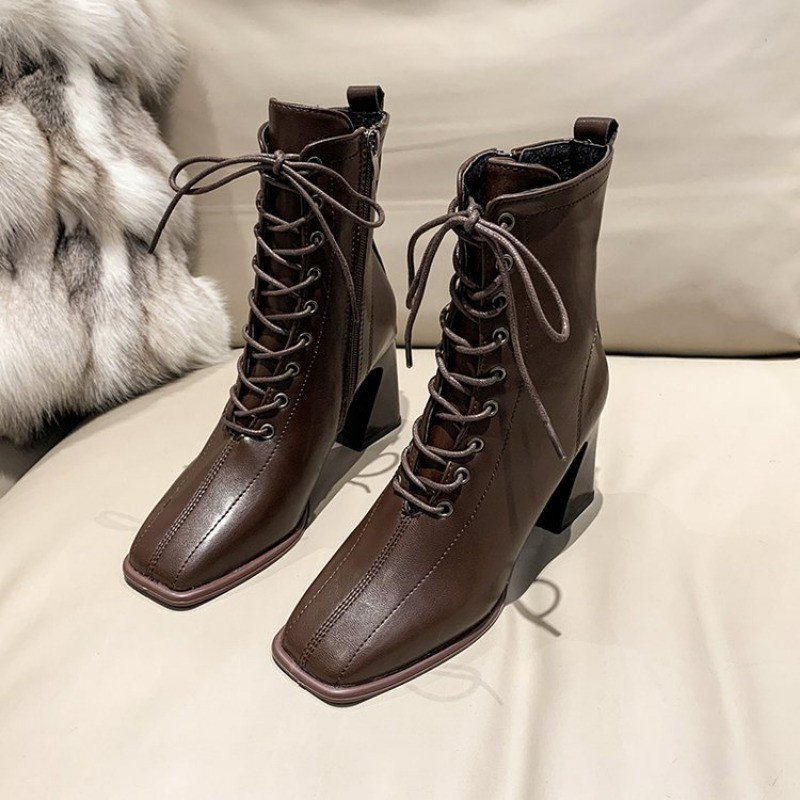 Χειμερινές μπότες Γυναικείες μπότες-γυναικεία φθινοπωρινά παπούτσια 2023 Κομψά ψηλοτάκουνα λαστιχένια αστράγαλο Μασίφ Basic Casual τετράγωνα δάχτυλα PU ράψιμο Le
