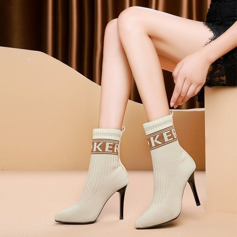 Φθινοπωρινά νέα γυναικεία παπούτσια Μόδα ψηλά τακούνια μποτάκια αστραγάλου Άνετα slip-on σέξι μπότες Παπούτσια για γυναίκες πλέξιμο κοντά μπότες