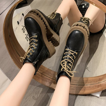 Висококачествени ботуши на платформа Дамски обувки Черни кожени ботуши Пънк обувки Мотоциклетни ботуши с дебело дъно