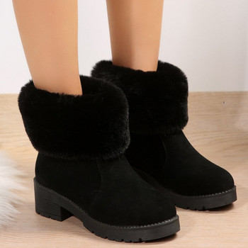 2023 Дамски ботуши Дамски зимни обувки Ботуши за сняг с кожа Топли плюшени дамски обувки Квадратни ботуши на висок ток Черни