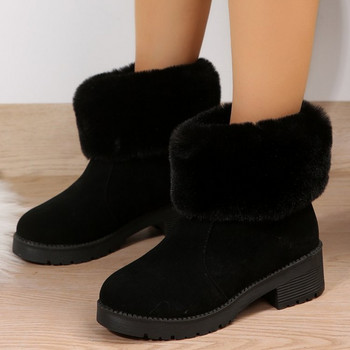 2023 Дамски ботуши Дамски зимни обувки Ботуши за сняг с кожа Топли плюшени дамски обувки Квадратни ботуши на висок ток Черни