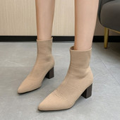 2023 Sarkú cipő zokni csizma női sztreccs szövet elasztikus tűsarkú hegyes orrú bokacsizma cipő női