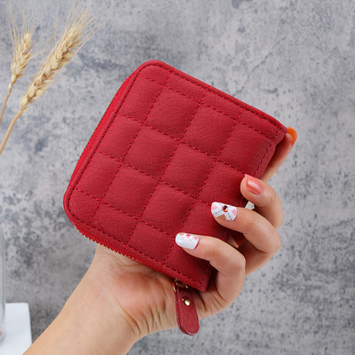 Модни къси портфейли за жени PU кожени дамски карирани портмонета Портфейл с държач за карти Малък портфейл с цип и портмоне за монети Чанта-клач