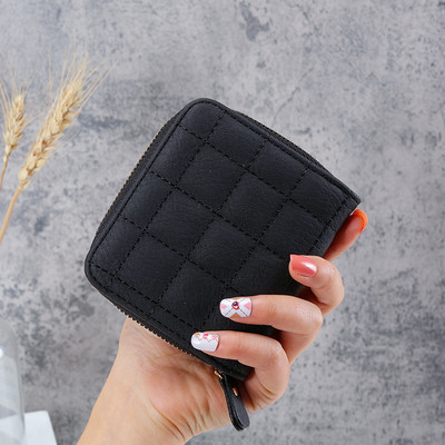 Модни къси портфейли за жени PU кожени дамски карирани портмонета Портфейл с държач за карти Малък портфейл с цип и портмоне за монети Чанта-клач