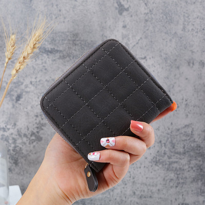 Модни къси портфейли за жени PU кожени дамски карирани портмонета Портфейл с държач за карти Малък портфейл с цип и портмоне за монети Чанта-клач