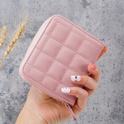 Модни къси портфейли за жени PU кожени дамски карирани портмонета Портфейл с държач за карти Малък портфейл с цип и портмоне за монети Чанта-клач