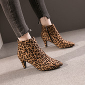 Jesen 2023. Gležnjače s visokom potpeticom Velike veličine Leopard ženske čizme Retro Ženske cipele sa šiljcima Čizme s patentnim zatvaračem sa strane Botas De Mujer