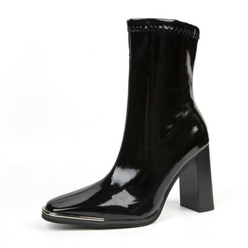 2023 Нови метални ботуши с квадратни пръсти за жени Модни лачени дамски обувки Botas Mujer Обувки на висок ток Дамски Zapatos