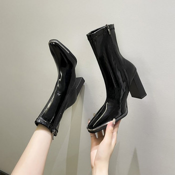 2023 Нови метални ботуши с квадратни пръсти за жени Модни лачени дамски обувки Botas Mujer Обувки на висок ток Дамски Zapatos