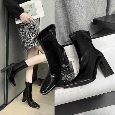 2023 Botine noi de metal cu vârf pătrat pentru femei, la modă, din piele lacuată, pantofi pentru femei, Botas Mujer, cu tocuri înalte, pantofi pentru femei
