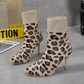 Секси чорапи Ботуши Дамски еластични тънки боти до глезена за жени Модни обувки с леопард Пролет Есен Ботуши Дамски големи 36-43