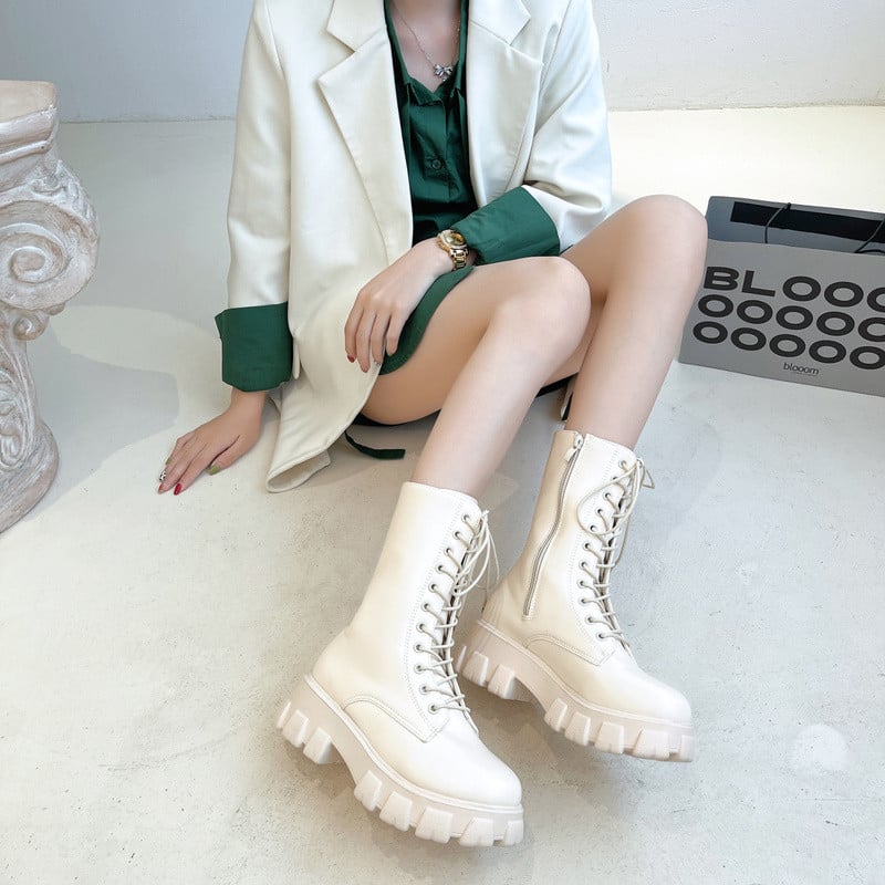 Naiste platvormiga naiste saapad, soliidsed jalatsid Kevad sügis, naiste lühike, paks alumine, pahkluu papud, vabaaja nööriga paelad