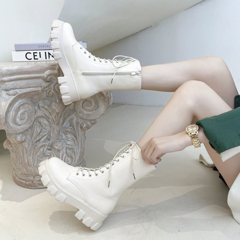 Naiste platvormiga naiste saapad, soliidsed jalatsid Kevad sügis, naiste lühike, paks alumine, pahkluu papud, vabaaja nööriga paelad