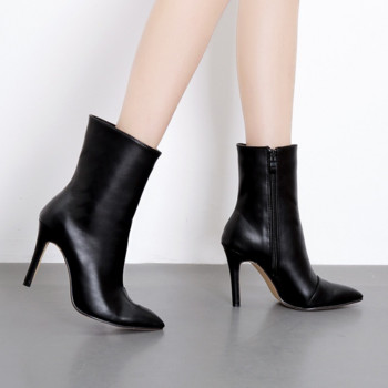 Модни дамски обувки Секси змийски принт с остри къси ботуши с висок ток Големи размери Дамски ботуши с високи токчета 2023 г.