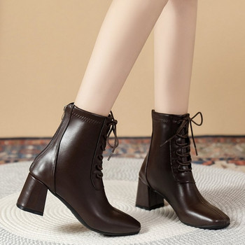 Есен/Зима Дамски ботуши Дамски обувки с квадратни пръсти на висок ток Черни кожени ботуши Дамски ръчно изработени обувки с връзки