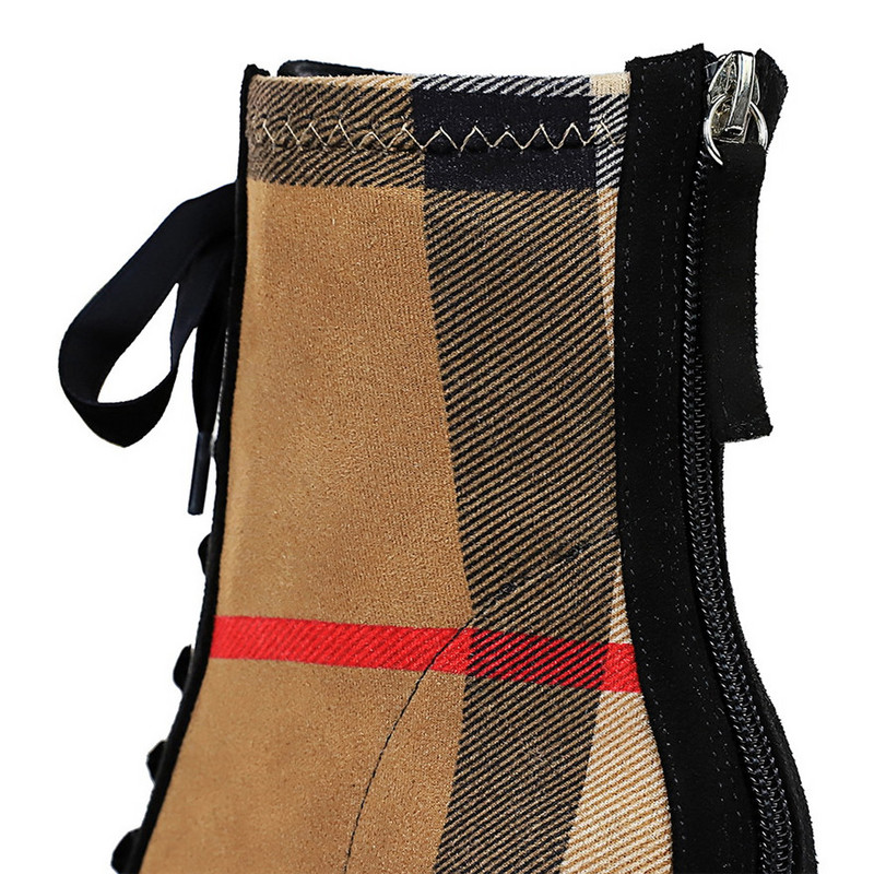 Cizme din piele moale în carouri moale Moda femei 8 cm Tocuri înalte Pompe la gleznă cu vârf ascuțit Cizme scurte de damă ocazional cu șireturi