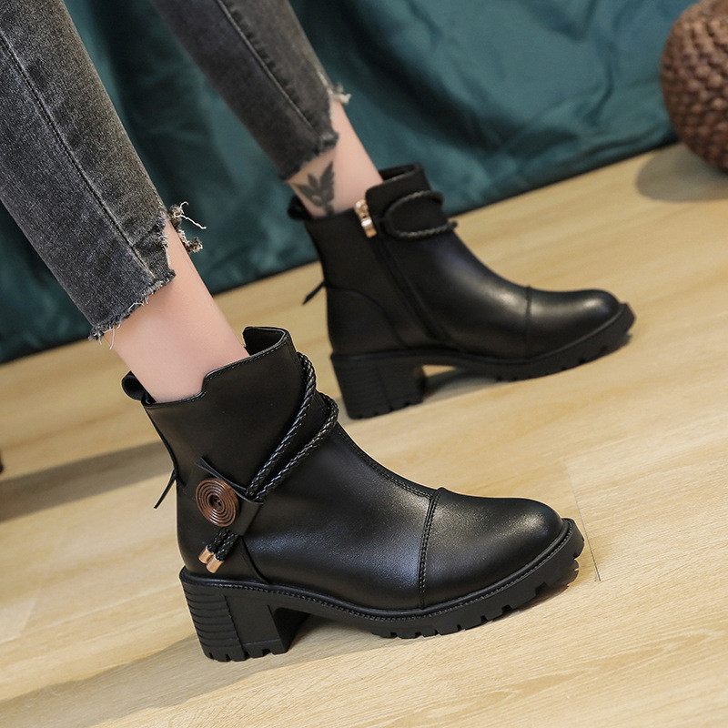 Botines Moteriški batai ant kulkšnies, 2023 m. rudens žiemos mados aukštakulniai odiniai batai, kietas užtrauktukas, laisvalaikio moteriški batai apvalūs trumpi batai