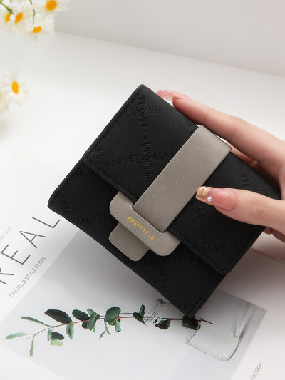 Ανοιξιάτικο και Καλοκαίρι νέο γυναικείο κοντό πορτοφόλι Κορεάτικη έκδοση με εμπριμέ αγκράφα απλή, πτυσσόμενη, κοντό γυναικείο πορτοφόλι δερμάτινο PU