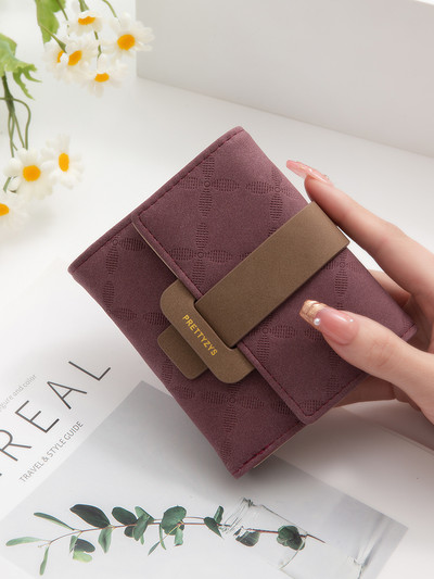 Ανοιξιάτικο και Καλοκαίρι νέο γυναικείο κοντό πορτοφόλι Κορεάτικη έκδοση με εμπριμέ αγκράφα απλή, πτυσσόμενη, κοντό γυναικείο πορτοφόλι δερμάτινο PU