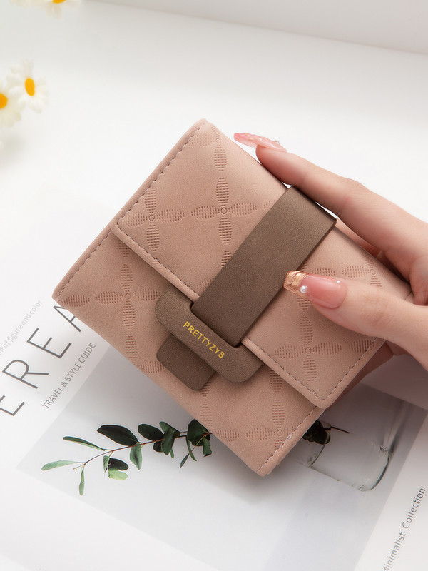 Ανοιξιάτικο και Καλοκαίρι νέο γυναικείο κοντό πορτοφόλι Κορεάτικη έκδοση με εμπριμέ αγκράφα απλή, πτυσσόμενη, κοντό γυναικείο πορτοφόλι δερμάτινο PU