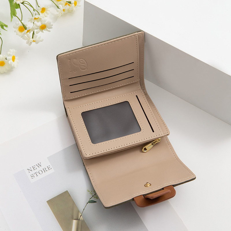 Ανοιξιάτικο και Καλοκαίρι νέο γυναικείο κοντό πορτοφόλι Κορεάτικη έκδοση με εμπριμέ αγκράφα απλή, πτυσσόμενη, κοντό γυναικείο πορτοφόλι δερμάτινο PU