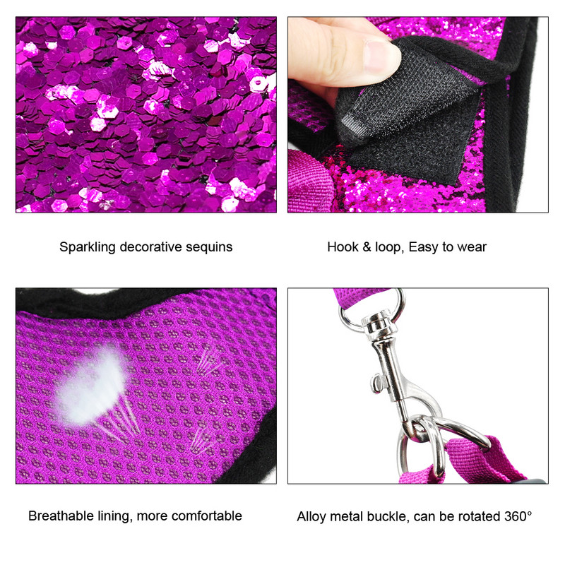 Set de ham și lesă pentru pisici cu paiete glisante, ham reglabil pentru cățeluș, pisicuță, hamuri de mers, centură de tracțiune pentru câini de talie mică, pisici