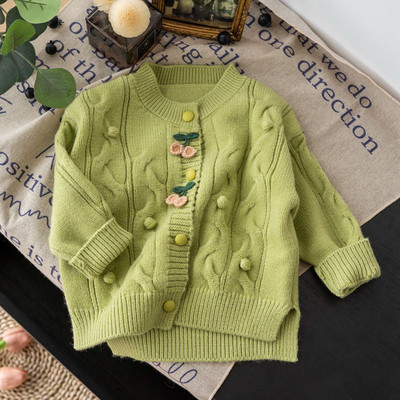 Κορεάτικο παλτό πουλόβερ για κοριτσάκι με κέντημα Φθινοπωρινή μόδα Βαμβακερό παχύ φλοράλ γιακά Παιδικό πλεκτό ζεστό παλτό ζακέτα πανωφόρι