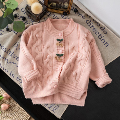 Κορεάτικο παλτό πουλόβερ για κοριτσάκι με κέντημα Φθινοπωρινή μόδα Βαμβακερό παχύ φλοράλ γιακά Παιδικό πλεκτό ζεστό παλτό ζακέτα πανωφόρι