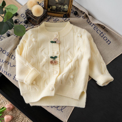 Κορεάτικο παλτό πουλόβερ για κοριτσάκι με κέντημα Φθινοπωρινή μόδα Βαμβακερό παχύ φλοράλ γιακά Παιδικό πλεκτό ζεστό παλτό ζακέτα πανωφόρι