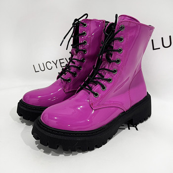 Lucyever 2023 Розови боти до глезена с връзки Дамски лачени мотоциклетни ботуши на платформа Дамски къси ботуши с цип и дебели токчета