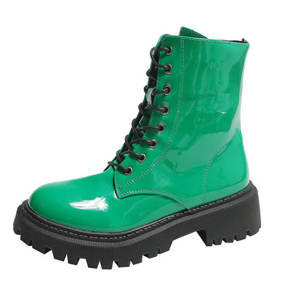 Lucyever 2023 Cizme roz cu șireturi Cizme de motocicletă cu platformă din piele lacată pentru femei cu tocuri groase cu fermoar Cizme scurte