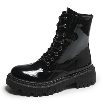 Lucyever 2023 Cizme roz cu șireturi Cizme de motocicletă cu platformă din piele lacată pentru femei cu tocuri groase cu fermoar Cizme scurte