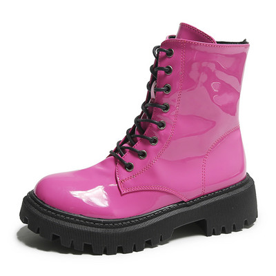Lucyever 2023 Cizme roz cu șireturi Cizme de motocicletă cu platformă din piele lacată pentru femei cu tocuri groase cu fermoar Cizme scurte