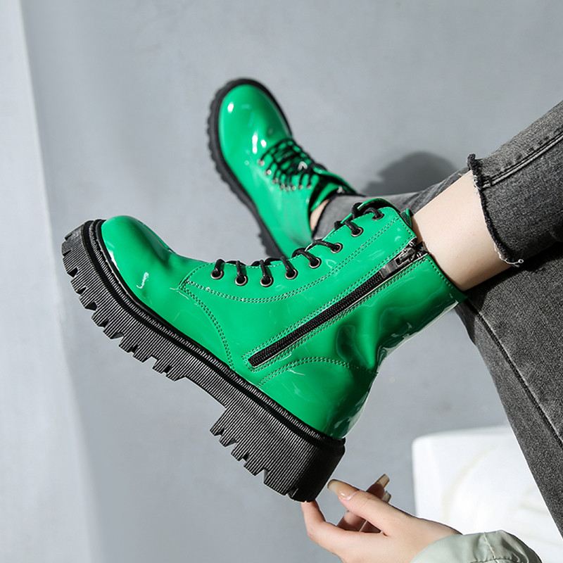 Lucyever 2023 Cizme roz cu șireturi Cizme de motocicletă cu platformă din piele lacată pentru femei cu tocuri groase cu fermoar Cizme scurte