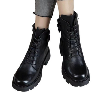Дамски обувки 2023 Висококачествени дамски ботуши с кръстосани връзки Модни ежедневни ботуши с катарама за колан Дамски нови ботуши с кръгли пръсти