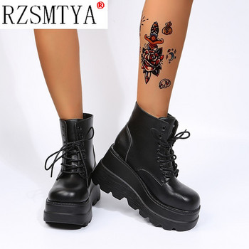 Дизайн на марка Улична готина мода Черни ботуши в готически стил Високи токчета Платформа Дамски обувки Ежедневни боти до глезена Голям размер