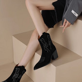 2023 Pantofi pentru femei Cizme de bază de damă Cizme retro glezne moderne pentru femei Broderie cu vârf ascuțit Pantofi cu toc gros cu alunecare pentru femei