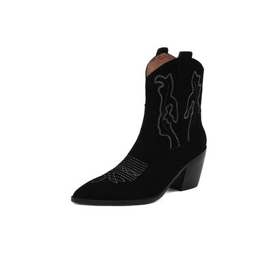 2023 Pantofi pentru femei Cizme de bază de damă Cizme retro glezne moderne pentru femei Broderie cu vârf ascuțit Pantofi cu toc gros cu alunecare pentru femei