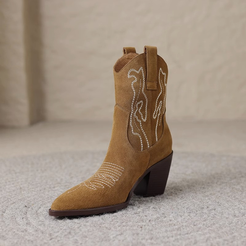 2023 Γυναικεία παπούτσια Βασικές γυναικείες μπότες ρετρό μοντέρνες μπότες αστραγάλου Γυναικείες μπότες με μυτερό κέντημα γυναικεία παπούτσια με χοντρό τακούνι