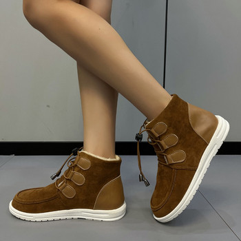 2023 Зимни обувки за жени Предни дамски ботуши с връзки Плоски с ежедневни дамски обувки Топли леки дамски ботуши на нисък ток
