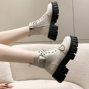 2023 Дамски обувки Страничен цип Дамски ботуши Ботуши на платформа Дамски нитове Закопчалка за колан Завързани кръгли пръсти Обувки във формата на сърце Дамски