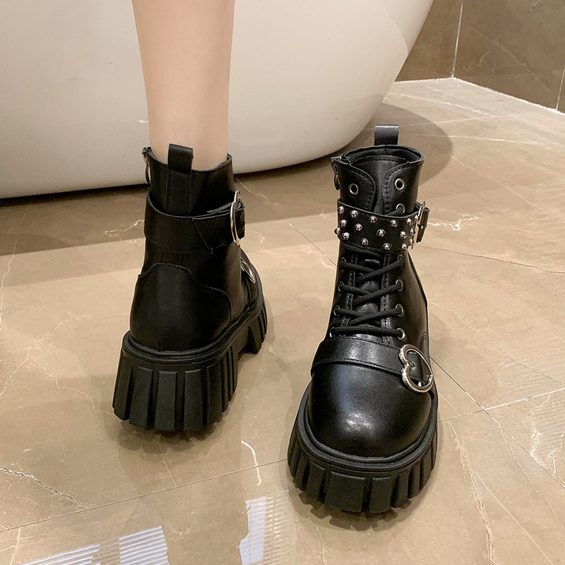 2023 Γυναικεία παπούτσια με φερμουάρ στο πλάι Γυναικείες μπότες Πλατφόρμα Γυναικεία μποτάκια με ζώνη με πριτσίνια πόρπη με κορδόνι με στρογγυλή μύτη Γυναικεία παπούτσια σε σχήμα καρδιάς