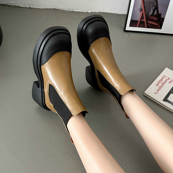 Дамски обувки 2023 Марка Дамски ботуши до глезена Платформа PU Модерни ботуши Дамски еластични дамски обувки с приплъзване с кръгли пръсти и квадратен ток