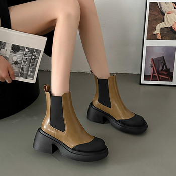 Дамски обувки 2023 Марка Дамски ботуши до глезена Платформа PU Модерни ботуши Дамски еластични дамски обувки с приплъзване с кръгли пръсти и квадратен ток