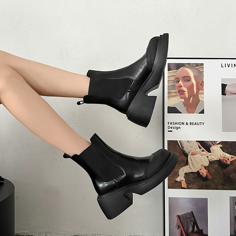 Naiste kingad 2023. aasta kaubamärgiga pahkluu naiste saapad, platvormiga PU moodsad naiste saapad, libisevad ümmarguse nina kandilise kontsaga naiste kingad