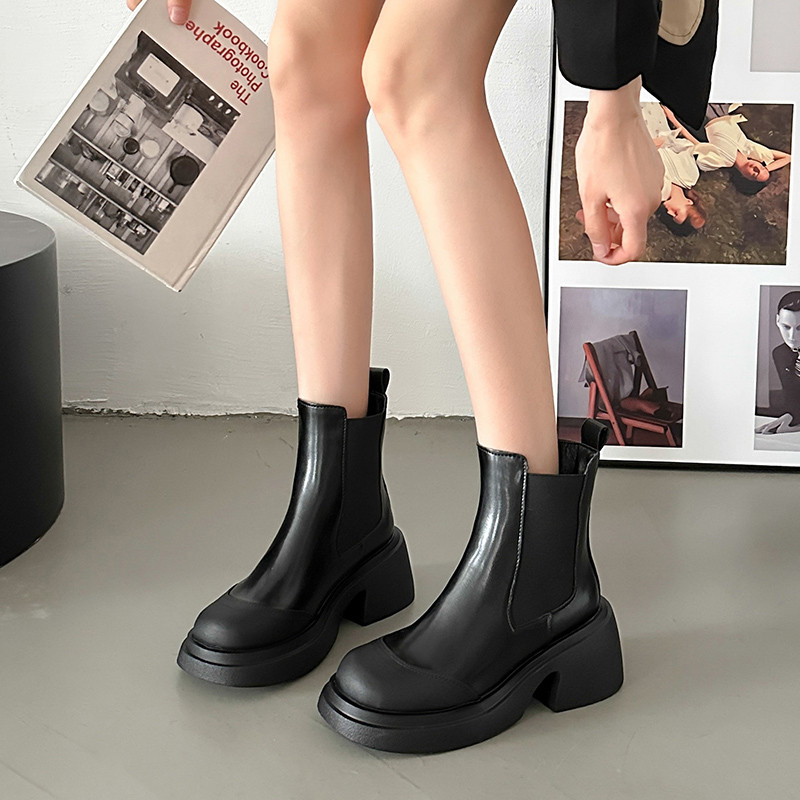 Naiste kingad 2023. aasta kaubamärgiga pahkluu naiste saapad, platvormiga PU moodsad naiste saapad, libisevad ümmarguse nina kandilise kontsaga naiste kingad